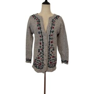 Vtg 90s Northern Reflections Wool Blend‎ Floral Embroidered Cardigan Sweater M